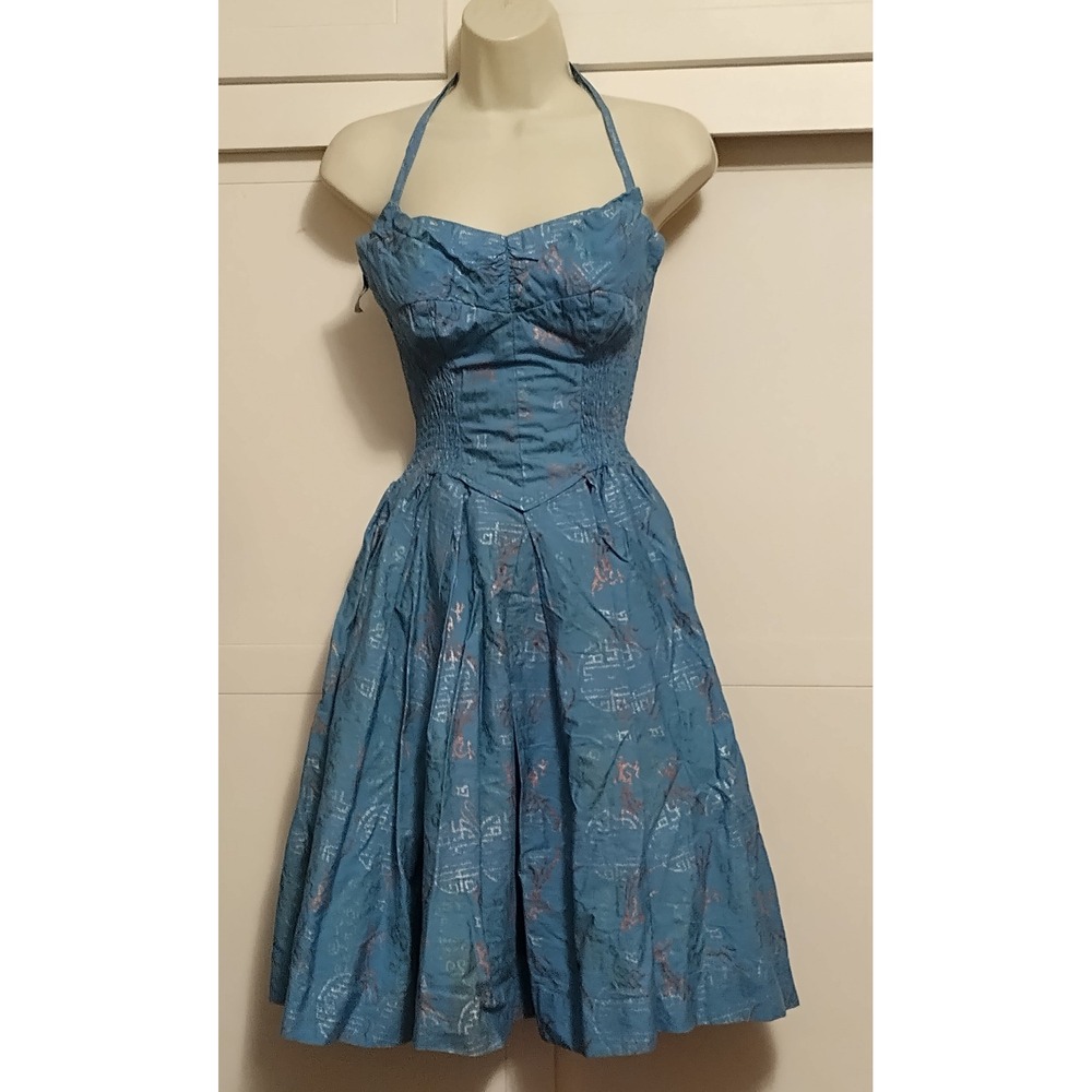 Alfred Shaheen Vintage 50s Hand Painted Blue Halter Flare Dress Cotton Women